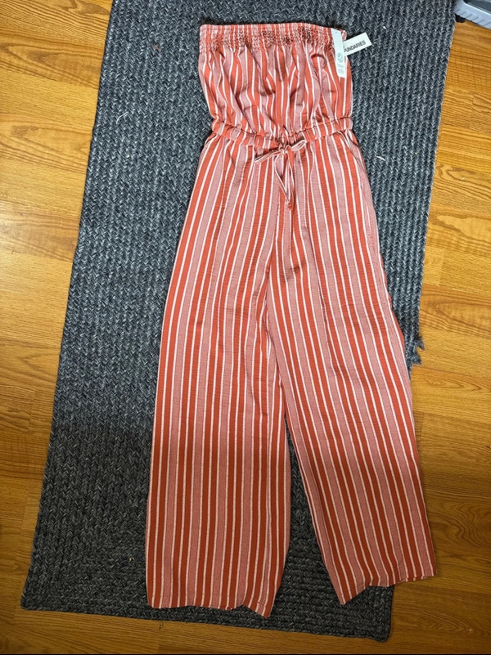 No Boundaries Rust and White Striped Strapless Jumpsuit